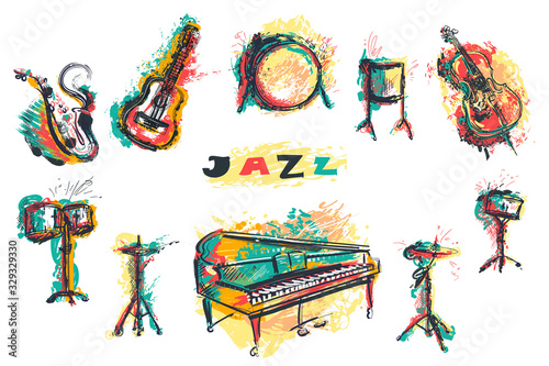 Jazz music party poster with musical instruments collection. Piano, saxophone, guitar, cello, drum kit in grunge watercolor style. Isolated elements on white background. Vector illustration