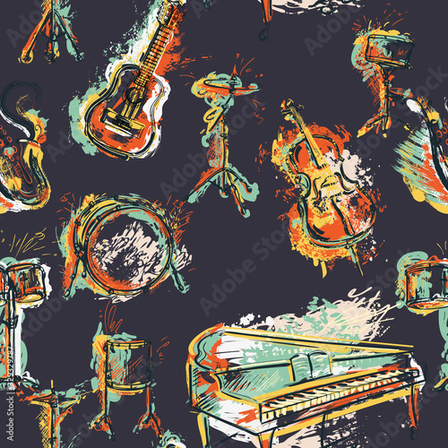 Seamless pattern with musical instruments set. Design concept for jazz music party. Piano, saxophone, guitar, cello, drum kit in grunge watercolor style. Vector illustration