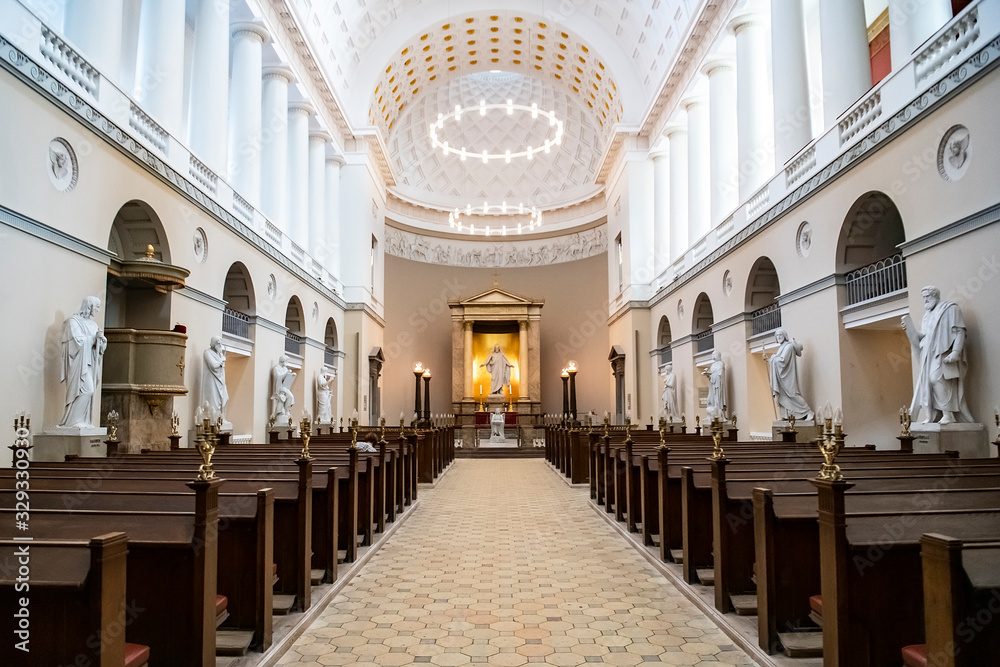 An interior of Church of Our Lady or Copenhagen Cathedral. Copenhagen, Denmark. February 2020