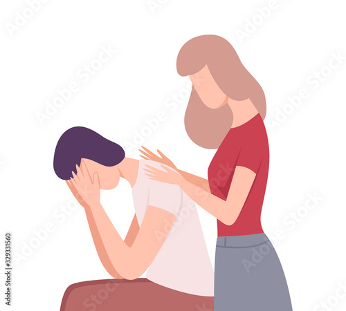 Young Woman Comforting Upset Man, People Trying to Save Love and Friendship Flat Vector Illustration