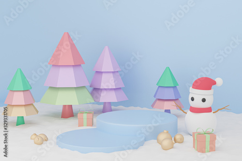 Merry Christmas and Happy New Year, Abstract geometric podium product stage with xmas balls, pine tree, snowman, gift box, platform Scene to show cosmetic products presentation. 3d render