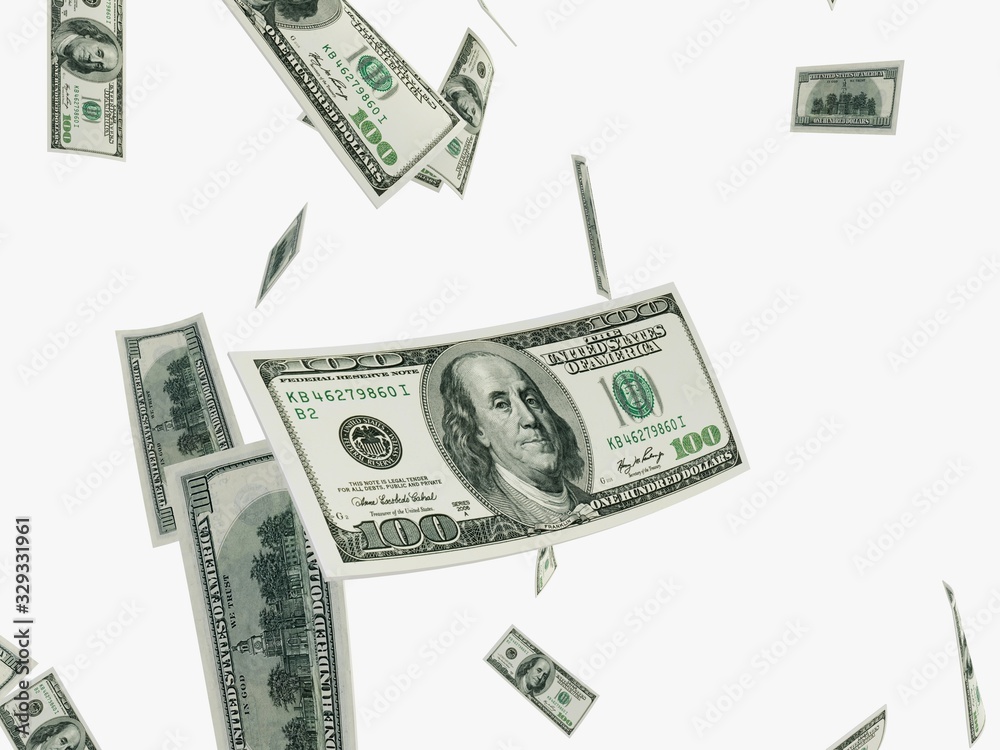 Falling dollars isolated in white background. 3d rendering - illustration. Falling dollars isolated in white background. 3d rendering - illustration.