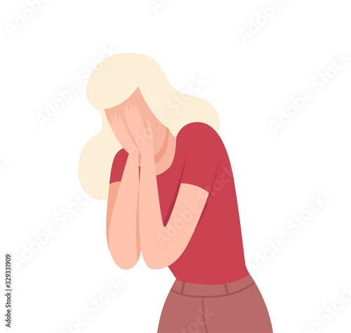 Frustrated Crying Young Woman, Lonely and Sad Girl Character Flat Vector Illustration