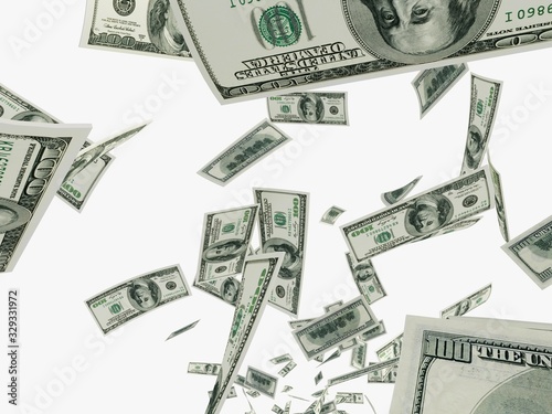 Falling dollars isolated in white background. 3d rendering - illustration.