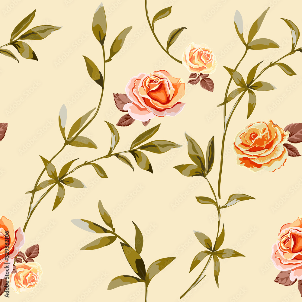 Trendy floral background with yellow, orange roses flowers and twigs with leaves in style watercolor.