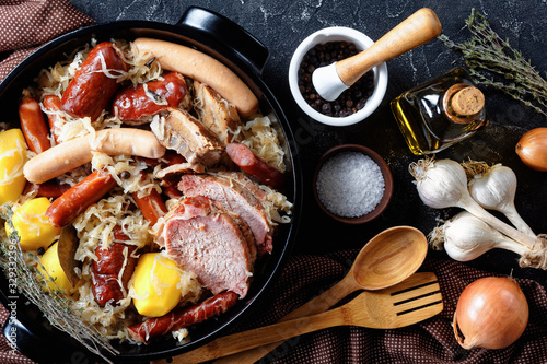 Fototapeta Naklejka Na Ścianę i Meble -  Alsace dish choucroute garnie, view from above