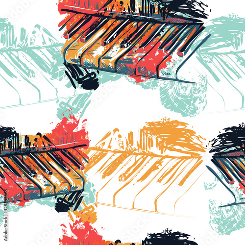 Seamless pattern with abstract piano keyboard in watercolor sketch style. Colorful hand drawn grunge style art for banner, card, t-shirt, fabric, print, wallpaper. Vector illustration