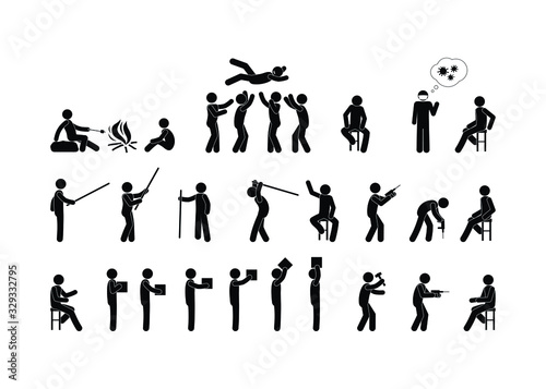stick figure man various poses, stickman icon set, isolated pictograms human silhouette