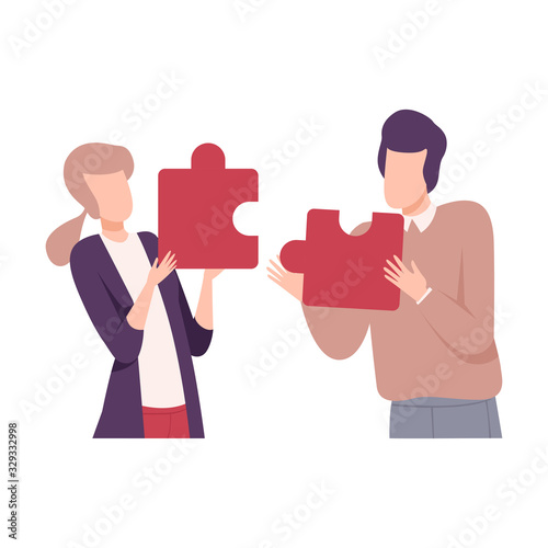 Couple in Love Connecting Puzzle Elements, People Trying to Save Love and Friendship Flat Vector Illustration