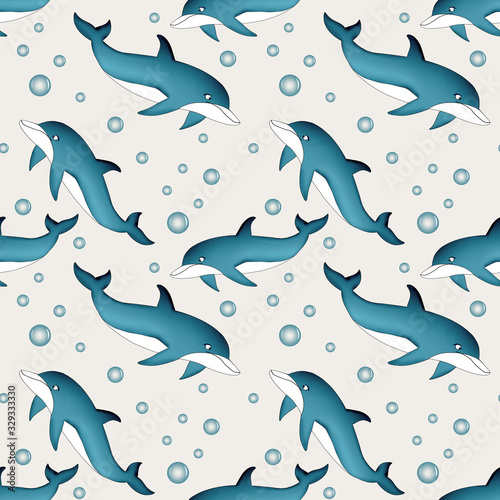 Seamless abstract pattern. Dolphins and bubbles on a light gray background.