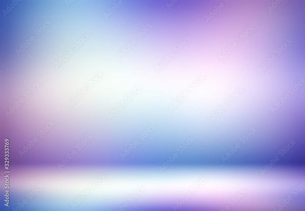 Fototapeta premium 3d wall and floor background. Blue lilac white gradient watercolor pattern. Fantastic empty room. Light blank defocused illustration.
