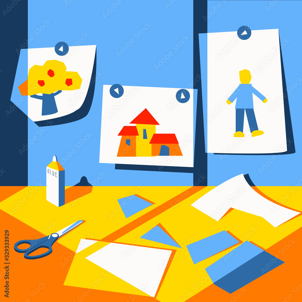 On a children's table, trimming colored paper. The light from the window falls on the table. Drawings are hanging on the board. Flat vector illustration.