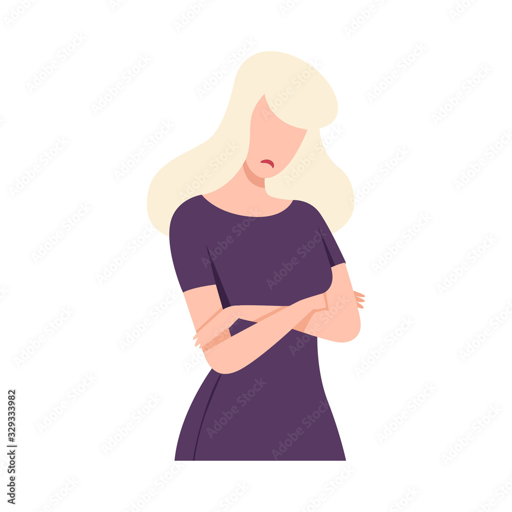 Frustrated Young Woman Standing with Folded Hands Flat Vector Illustration Frustrated Young Woman Standing with Folded Hands Flat Vector Illustration