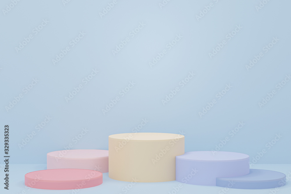 3d render illustration with geometric step colorful cylinder podium platform for cosmetic product presentation.Mock up design empty space. Abstract composition in pastel background modern style