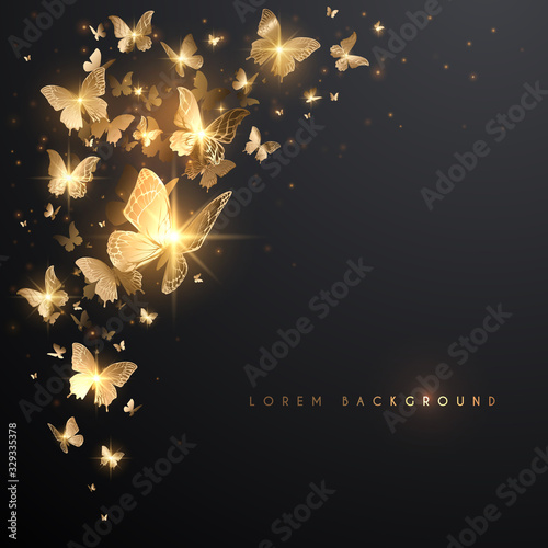 Carta da parati Farfalle - Carta da parati Gold butterflies with light effect on black background
