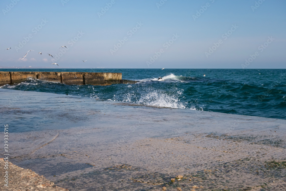 Restless sea, concrete pier, waves, seagulls.