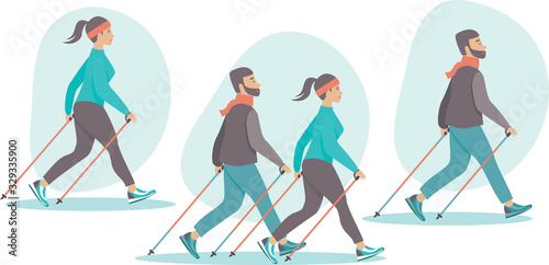 Young couple making nordic walking training together
