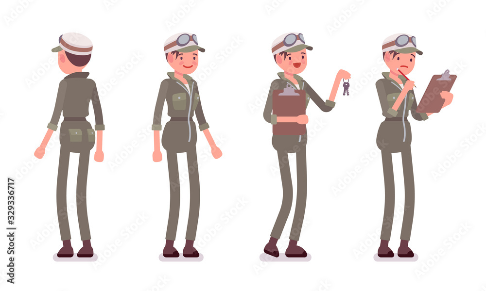 Mechanic girl in overalls standing. Attractive female skilled worker, motor vehicle service technician wearing uniform, garage or auto workshop job. Vector flat style cartoon illustration, front, rear Mechanic girl in overalls standing. Attractive female skilled worker, motor vehicle service technician wearing uniform, garage or auto workshop job. Vector flat style cartoon illustration, front, rear
