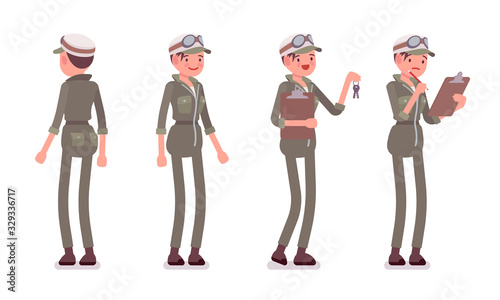 Mechanic girl in overalls standing. Attractive female skilled worker, motor vehicle service technician wearing uniform, garage or auto workshop job. Vector flat style cartoon illustration, front, rear