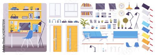 Freelancer workplace area interior construction set, home freelancing cabinet, kit with furniture, constructor element to build own design. Cartoon flat style infographic illustration, color palette
