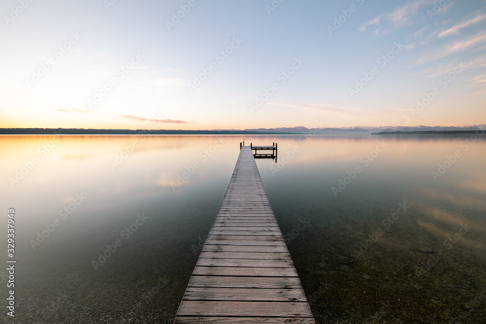 Endless Dreamy Landing Stage Ending Into Lake Starnberg - obrazy, fototapety, plakaty 
