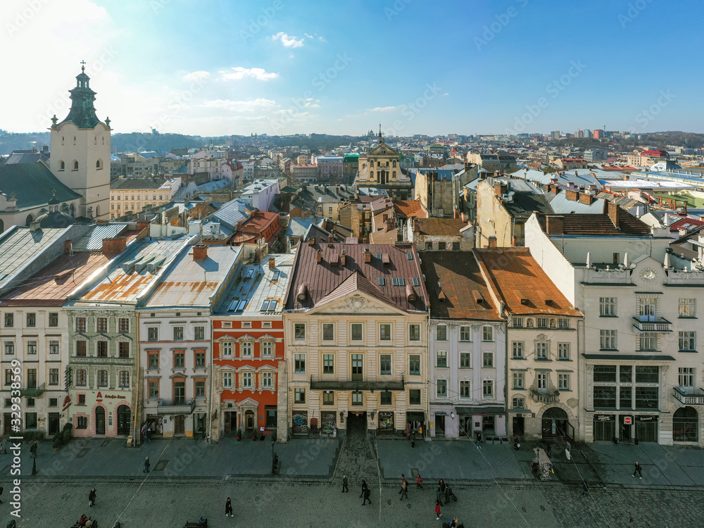 View on Lviv Market square from drone