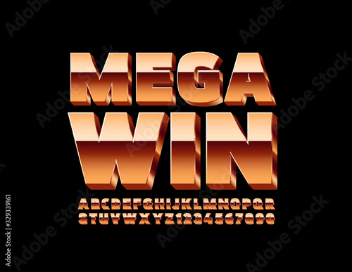 Vector luxury banner Mega Win. Golden 3D Font. Elite Alphabet Letters and Numbers