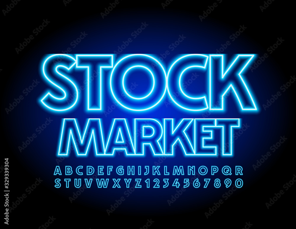 Vector glowing banner Stock Market with Neon Blue Font. Electric Alphabet Letters and Numbers