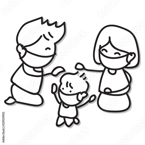 hand drawing cartoon happy family. abstract character mother father wear masks take care of little boy during virus outbreak.