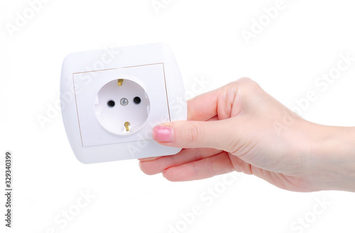 Hand holding socket electricity power equipment device on white background isolation