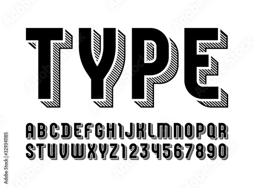 High bold font, trendy condensed 3d alphabet sans serif, modern letters from A-Z and numbers from 0-9 with striped shadow for you designs: logo, t-shirt, poster, and more, vector illustration 10EPS