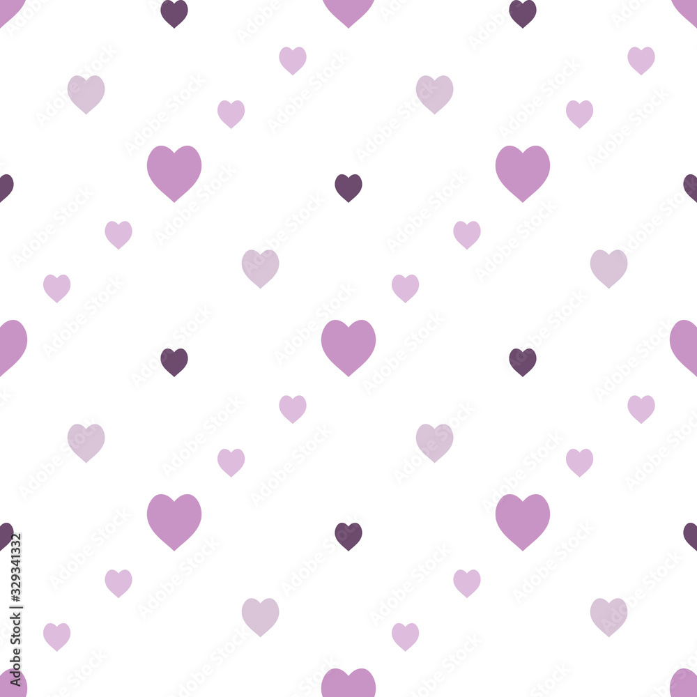 Seamless pattern with cute light and dark violet hearts on white background. Vector image.