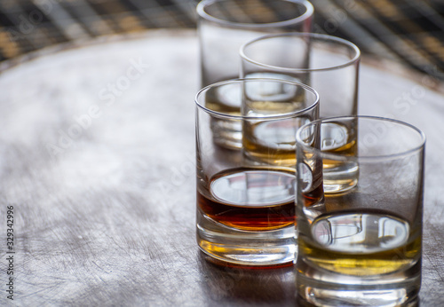 Photography Special tumbler glasses for Scotch whisky, tasting tour on distillery in Scotlan