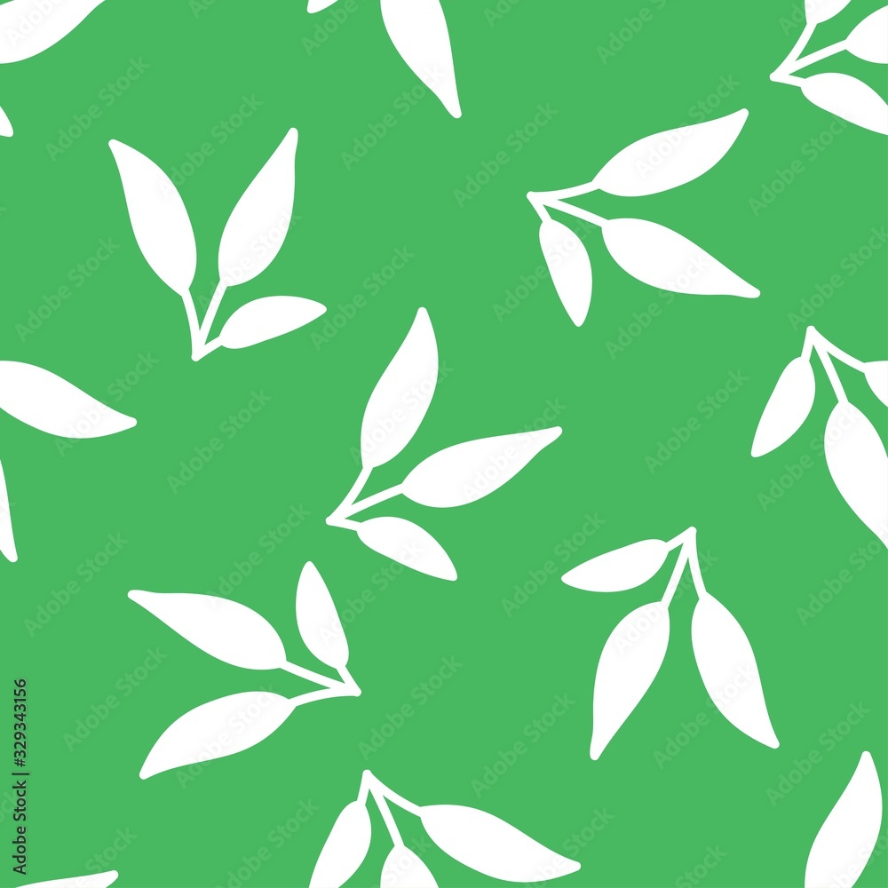 Leaves seamless pattern on green background. Ditsy design. Spring summer motif for fashion prints and home decor textile.