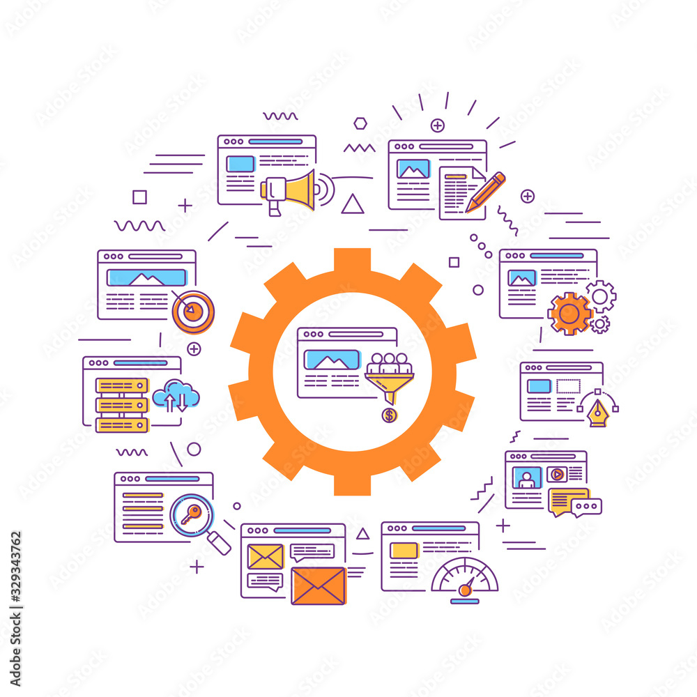 Digital marketing web banner. SEO, website strategy. Infographics with linear icons on background. Creative idea concept. Isolated outline color illustration. Digital marketing web banner. SEO, website strategy. Infographics with linear icons on background. Creative idea concept. Isolated outline color illustration.