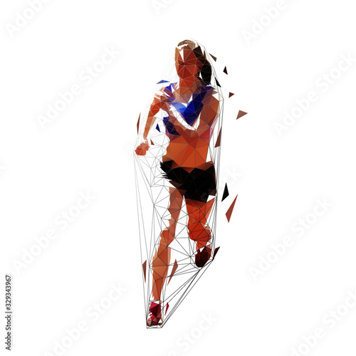 Running woman, low poly isolated vector illustration. Geometric runner, front view