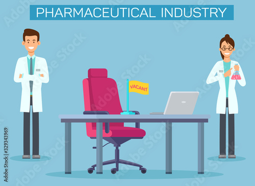 Pharmaceutical Industry Vacancies Banner Template. Vacant Position in Pharmacy Company. Cartoon Lab Workers, Chemists, Scientists Experimenting with New Medication Flat Characters. Drugstore Poster