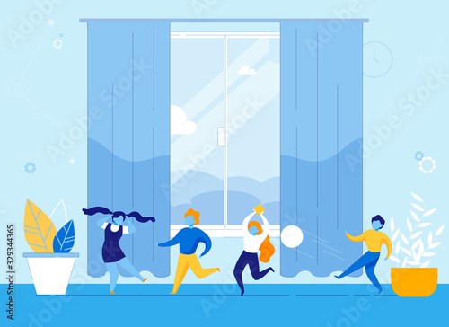 Children Playing Together in Kindergarten or Preschool Room Flat Cartoon Vector Illustration. Boy Playing with Ball. Girl Running and Holding Cube Toy. Child with Two Pony Tails. Having Fun.