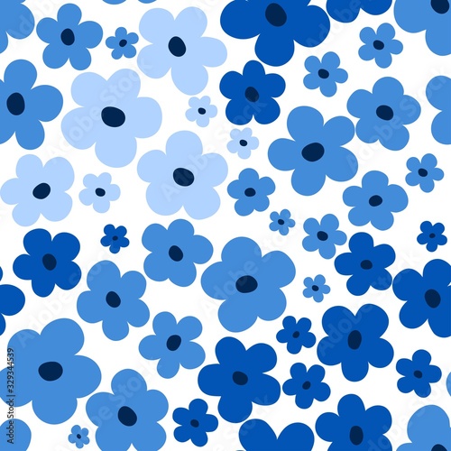 Floral white blue seamless pattern. Ditsy design with small cute flowers.