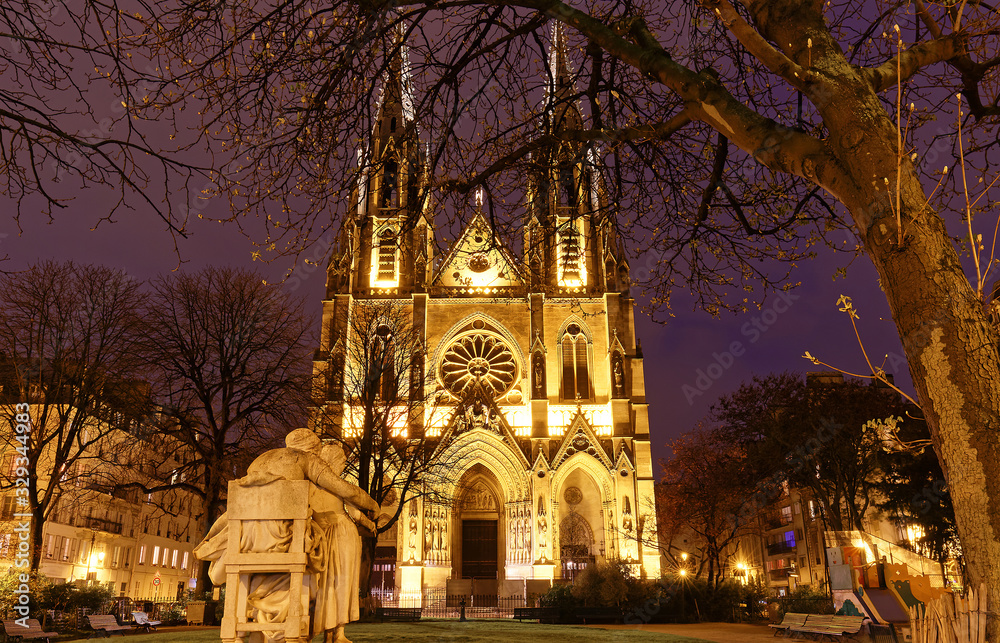Basilica of Saint Clotilde at rainy night , Paris, France.