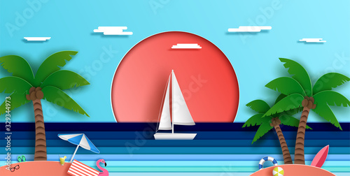 Vast sea views in the summer. and natural beauty. and to travel for vacation. and there is a sailboat that was sailing on the sea. and as the origami or paper cut and used as background.