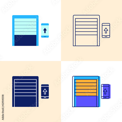 Smart garage door opening icon set in flat and line styles