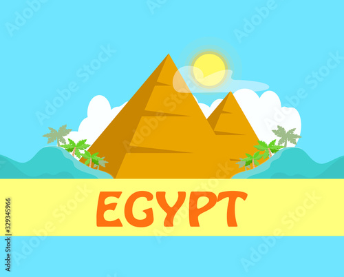 Egypt Travel Postcard, Poster with Lettering, Text. Pyramids of Giza Vector Illustration. Travel Agency Flyer. Archeology Landmarks Flat Drawing. Tourist Attraction Cartoon Design Element. Palms, Sun