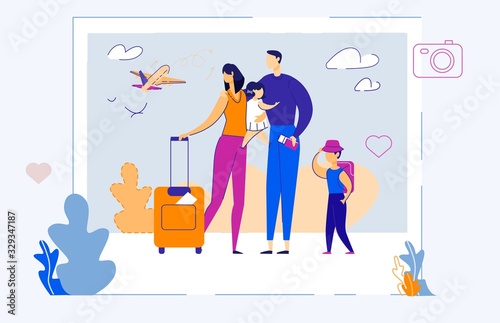 Summer Travel Photo, Young Family with Children. Mom Holds Suitcase and Daughter. Husband Holds Tickets with Passports and Hugs Wife. Son in Hat Stands with Backpack. Plane Takes off on Background