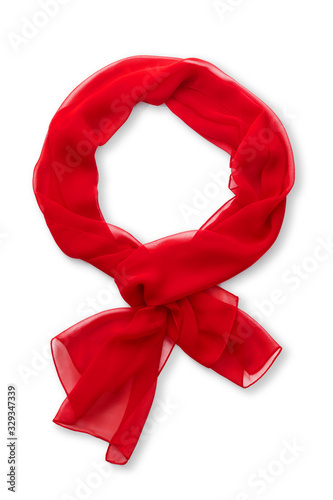 Subject shot of a fire-red scarf made of semi-transparent viscose fabric. The tied scarf is isolated on the white background.   photo