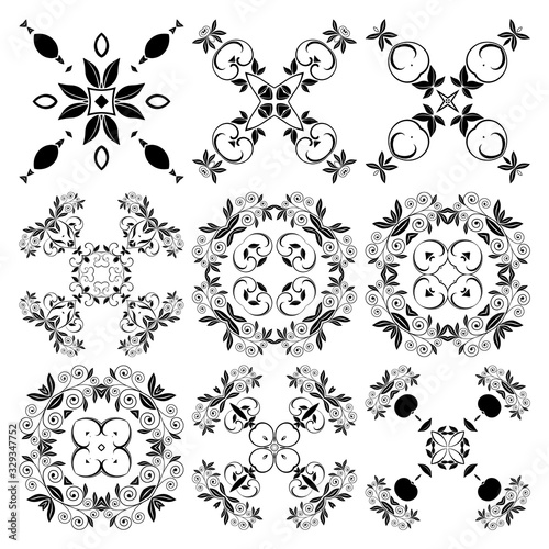 Round floral ornaments on background. Set