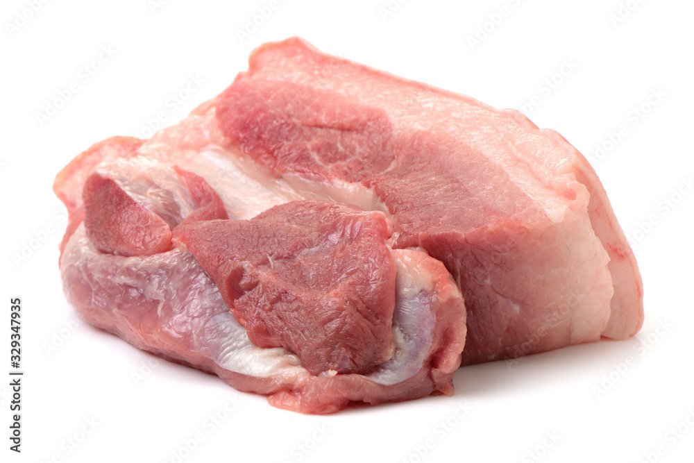 Raw pork belly pieces on a white background