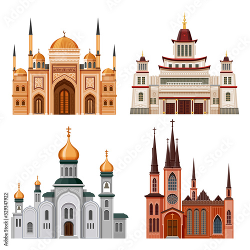 Set of church, temple, mosque and pagoda buildings