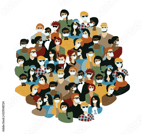 Epidemic virus casual people in medical masks big group