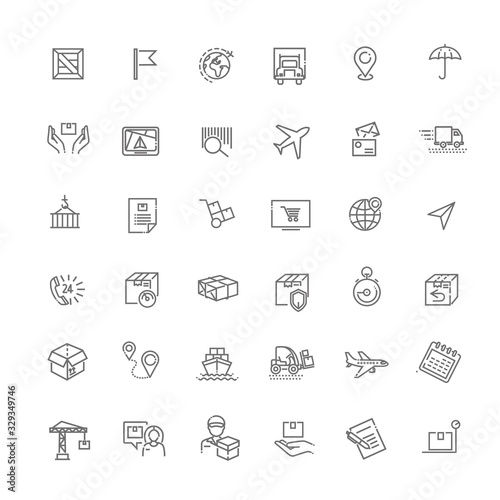 Set of Package Delivery Related Vector Line Icons. Contains such Icons as Warehouse, Worldwide Shipping
